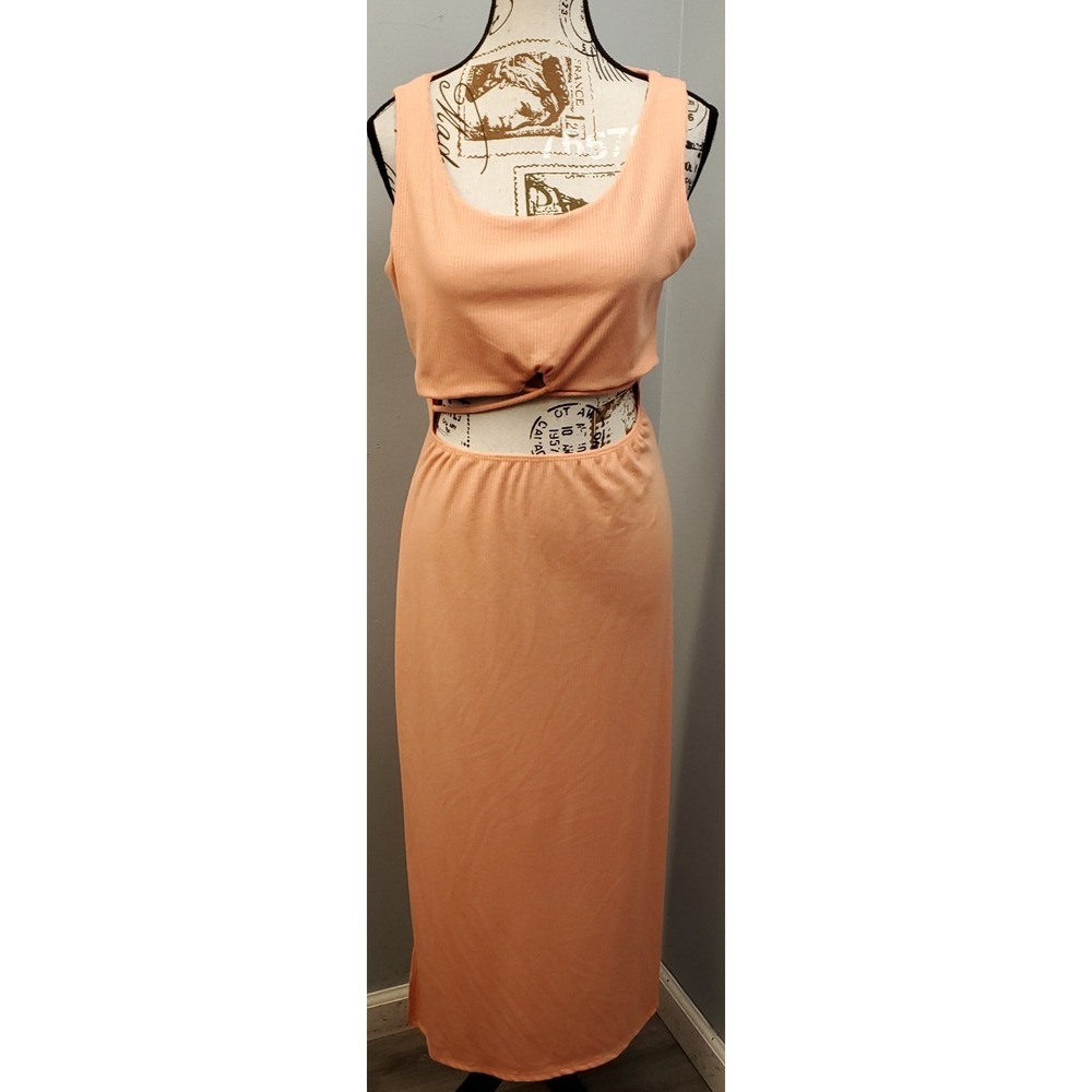 Peach Love California Ribbed Maxi Dress Womens Large Peach Orange Cutout Waist